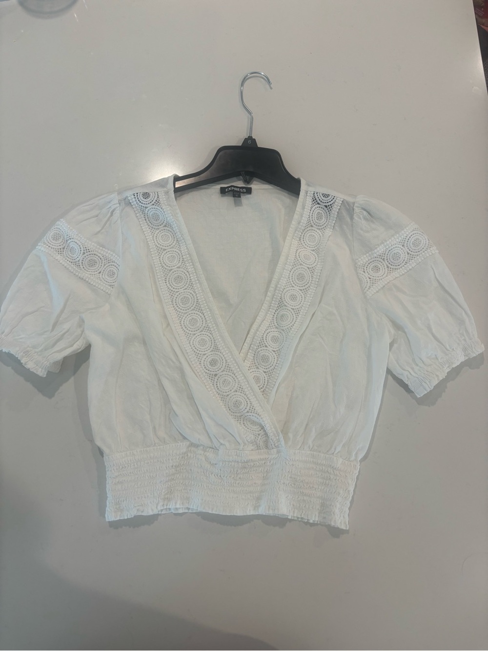 Express White Wrap Blouse With Lace Trim